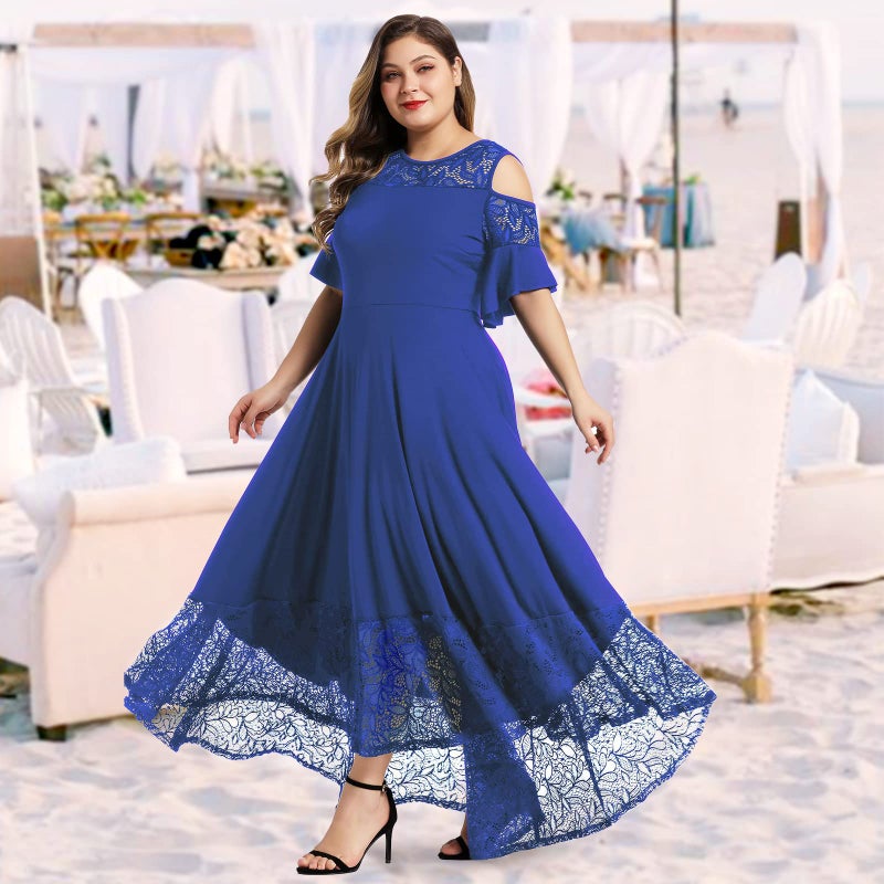 LALAGEN Womens Plus Size Casual Lace Cold Shoulder Long Plain Evening Party Maxi Dress Blue 2X - Image 3